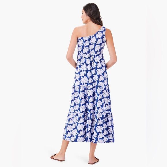 NZT NIC & ZOE Blue & White Shadow Palm One-Shoulder Smocked Dress Sz. Medium NEW - Picture 14 of 15